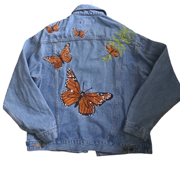 WORKSHOP REPUBLIC CLOTHING denim jean jacket butterfly embroidery western BOHO M - Picture 2 of 14